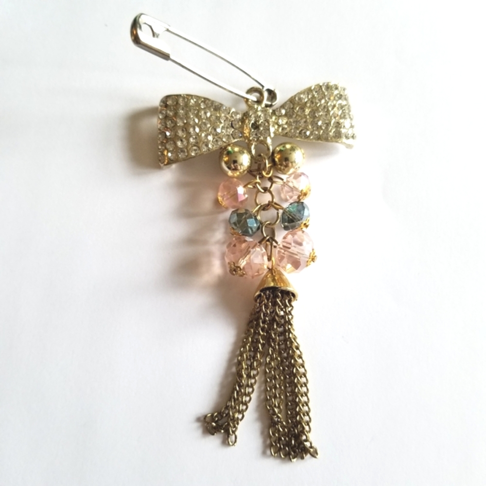 Big bow brooch dangly tassel pin beaded gold tone metal rhinestones